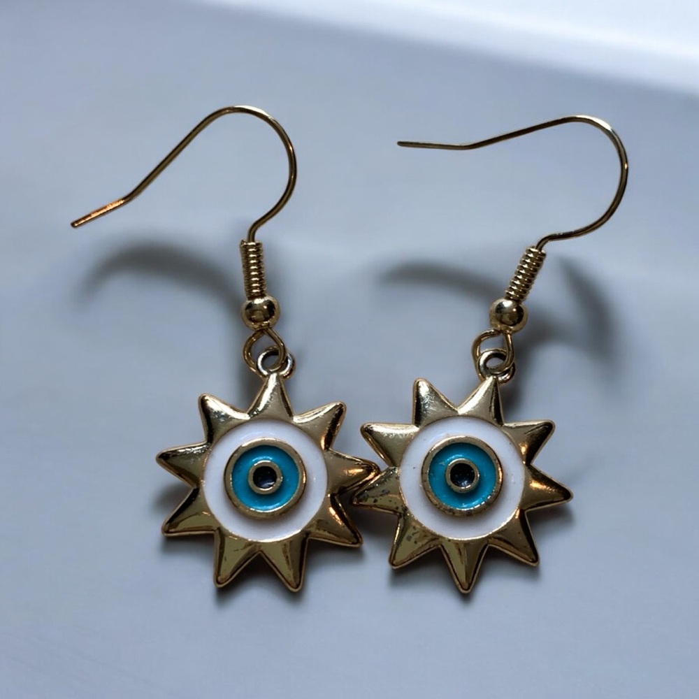 Gold and Blue Evil Eye Earrings
